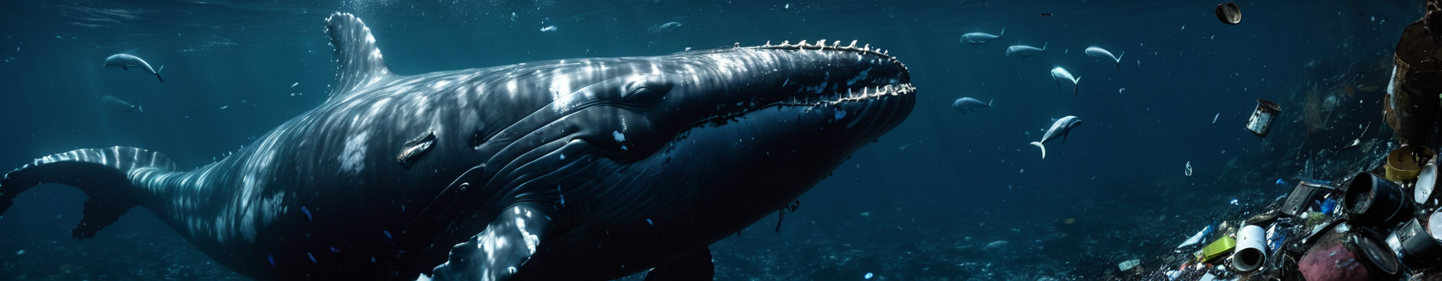 Ein Wal schwimmt zwischen Abfällen im Meer.